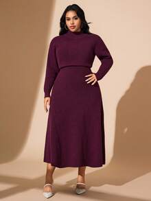 Hourglow Plus Size Elegant Solid Color Knit Midi Dress, Suitable For Commuting, Autumn/Winter, For Hourglass Body Shape - Burgundy - View 6