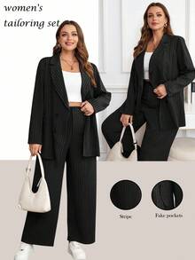 SHEIN Clasi 两件套加大码西装套装：长袖上衣和阔腿裤 - 黑色 - 查看 1