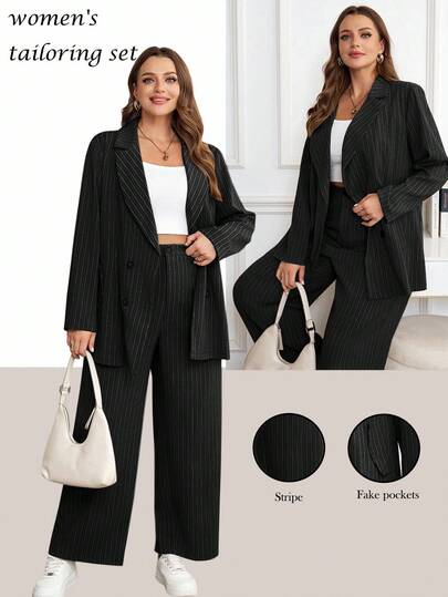 SHEIN Clasi 两件套加大码西装套装：长袖上衣和阔腿裤