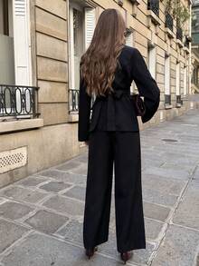 Pariaura Women's Business Commuter Suit Set, Autumn/Winter Fashion Tie-Waist Design 2 Pieces Suit Black Outfits For Women Black Suit Women Paris Outfits Women French Clothes Women Black Jumpsuit Women Elegant - Black - View 2