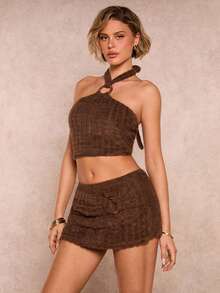 SHEIN Glamour Christmas Plush Fabric Circular Decor Women Winter Halter Vest + Mini Skirt Set - Brown - View 2
