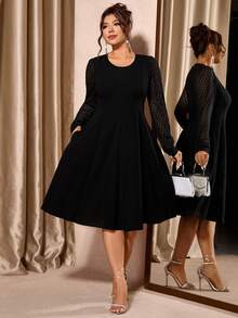 Cravure Plus Size Black Lace Patchwork Round Neck Long Sleeve Casual Dress, Autumn/Winter - Black - View 3