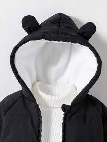 SHEIN Playful Pals 男婴幼儿0-3岁日常休闲百搭保暖抓绒熊耳连帽衫外套，秋冬季 - 黑色 - 查看 4