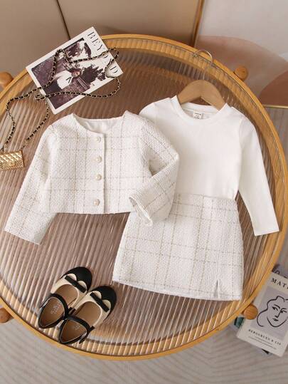 SHEIN Babygirl Cute Casual Versatile Baby Girl Knitted Long-Sleeved Top Skirt Jacket Three-Piece Set Autumn And Winter Style, Beige Plaid Plaid Striped Suit Three-Piece Suit, Fashionable Design Classic Plaid Suit Skirt Three-Piece Suit, Cutting-Edge Fashion Design Can Be Worn Indoors And Outdoors, Warm And Fashionable, Simple Style, Suitable For Indoor And Outdoor, Daily Life, Sports, Play, Party, Photo, Vacation, Autumn And Winter Festivals, Buy Two Get One Free, Affordable And Versatile