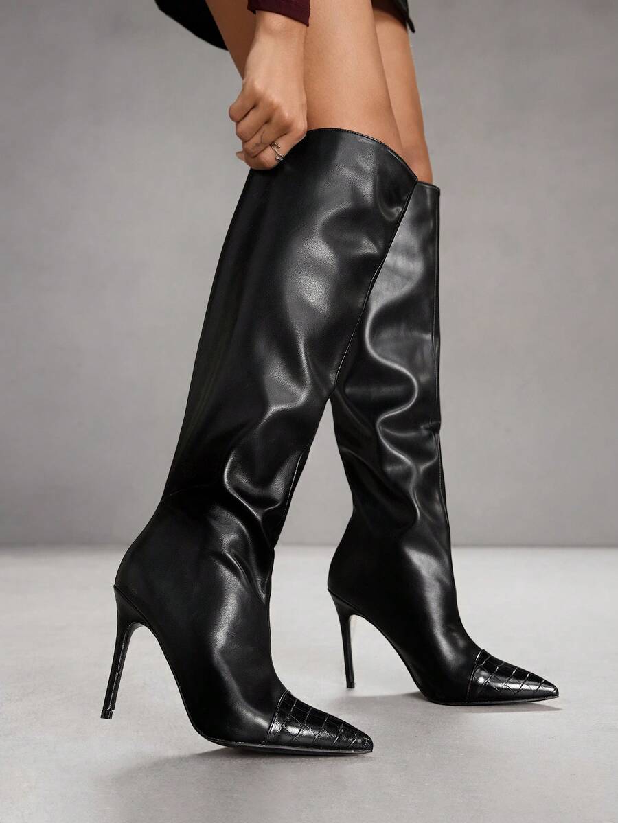 CUCCOO SZL Women's Pointed Toe Ruched Design Fashion High Heel Knee-High Boots - Black - View 1