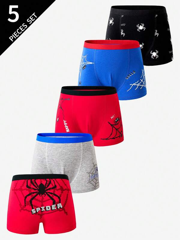 5pcs Kids Cotton Comfortable Cute Colorful Spider Print Underwear Briefs For Young Boys Back To School Fashion