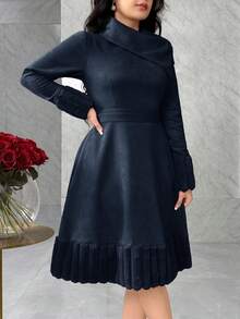 Modelyn Ribbed Plush Patchwork Suede Collar Belt Midi Dress For Women, Autumn/Winter,Dresses For Women Elegant - Navy Blue - View 4