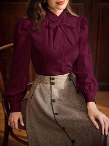 Vintamour Blusa elegante vintage para mujer con cuello con volantes, puños con lazo y detalles recogidos, camisa casual de manga larga para el trabajo, ropa de mujer para otoño, invierno, regreso a casa, oficina, atuendos de mujer para otoño, blusas de mujer para otoño e invierno, ropa de mujer para invierno, blusas de manga larga para otoño, ropa de otoño para mujer, blusas de mujer para otoño, ropa de mujer para el estilo cottage core, camisa de Navidad, blusas de trabajo para mujer - Rojo violeta - Ver 6