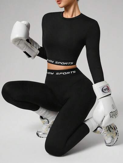 Dewbera 2件套女士健身标语印花圆领长袖修身紧身裤运动服套装，休闲性感日常运动服