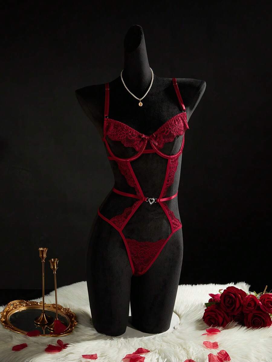 SpicyHot Body de encaje y parches sexy, adecuado para el Día de San Valentín - Burdeos - Ver 1