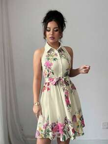 Elenzga Women's Fashionable Elegant Floral Print Off-Shoulder Short Dress - Multicolor - View 3