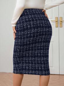 SHEIN Clasi 大码女式优雅格子纽扣设计铅笔裙 - 藏蓝色 - 查看 3