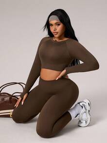 Rhythm Era Ensemble Top à manches longues sans couture et leggings taille haute pour femmes grande taille - Vert olive - Voir 7