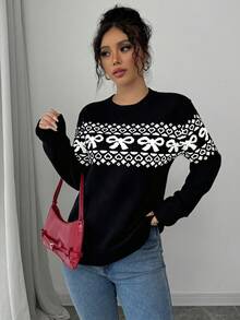 Elenzga 女士休闲圆领蝴蝶结套头毛衣 - 黑色 - 查看 4