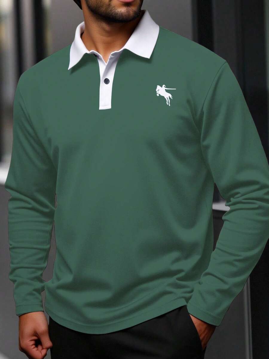 Manfinity Homme 秋季大码男士休闲撞色领长袖 Polo 衫 - 綠色 - 查看 1