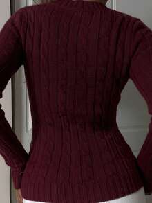 CovetEZ Women's Casual V-Neck Long Sleeve Knit Sweater With Knight Pattern And Stripes, Autumn/Winter Casual Everyday Wear Minimalist Style Sweater,Tops For School In Fall/Winter Burgundy,Christmas Sweater Women,Red Top,Christmas Sweater - Burgundy - View 7