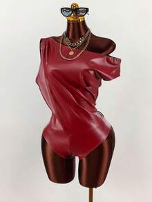 Amplova Women's Burgundy Spandex Bodysuit, Asymmetric Shoulder Top Patchwork Leather Red Swimsuit Y2K Summer Outfit,Seksi Chic Night Club - Burgundy - View 5