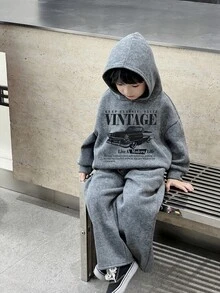 SHEIN 2 件套年轻男童休闲街头时尚韩版雪花连帽运动衫和纯色松紧腰运动裤套装，适合返校、生日、迎婴派对、节日派对、秋冬季 - 彩色 - 查看 5