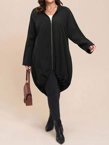 Comfylo Plus Size Casual Solid Color Hooded Jacket In Fall/Winter - Black - View 5