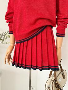 SHEIN Unity 女士迷你羊毛衫半身裙，百褶裙，复古学院风，适合秋季、返校季、日常穿着、复古风、约会、下午茶、圣诞节等场合。 - 紅色 - 查看 4