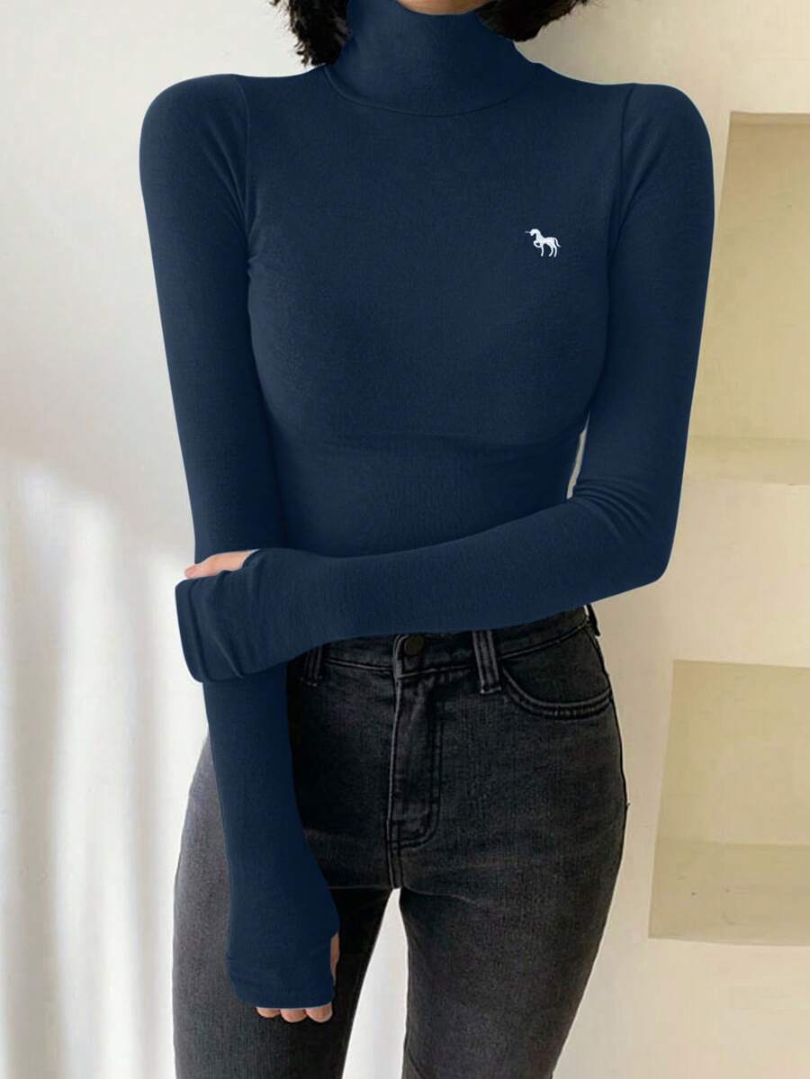 DAZY 女士高领紧身保暖刺绣图案长袖T恤 - 藏蓝色 - 查看 1