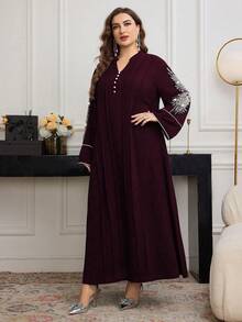 Al Najma Đầm dài tay rộng rãi cổ tròn đính hạt cỡ lớn cho nữ, mùa xuân/thu - Màu Đỏ Sâu - Xem 4