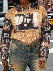 涂鸦印花黑色时尚连帽长袖外套，女士街头运动风卫衣，秋季款 - 彩色 - 查看 3