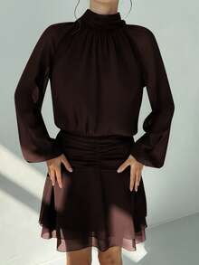 Aloruh 优雅纯色收腰长袖迷你连衣裙（女款） - 棕色 - 查看 5