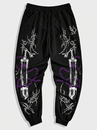 Men's Weapon Gothic Print Drawstring Waist Pockets Casual Jogger Pants