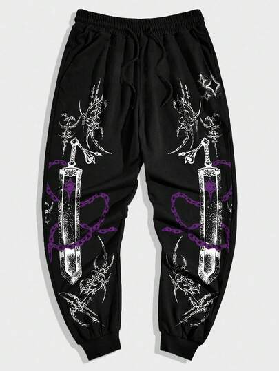 Men's Weapon Gothic Print Drawstring Waist Pockets Casual Jogger Pants