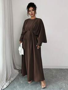 Roveilla Váy maxi dáng chữ A tay cánh dơi cổ tròn 2 trong 1 viền bèo nhún eo thanh lịch, sang trọng, cỡ lớn dành cho nữ, thích hợp mặc đi làm, đi biển, lễ hội âm nhạc, trà chiều, derby, đua thuyền, màu trơn, mùa xuân/hè - Màu nâu Sô-cô-la - Xem 3