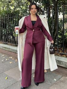 NegzBox Women's Suit Set, Suit Fabric, Lapel Collar, Long Sleeve, Waist Cinched A-Line Asymmetric Hem, Metal Button Decor, Sophisticated & Elegant For Office, Commute, Street Style, French Romantic, Casual, Middle Eastern Vintage, Afternoon Tea, Party, Thanksgiving, Back To School, Autumn/Winter - Burgundy - View 4