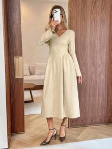SHEIN Frenchy Women's V-Neck Long Sleeve Pleated Elegant Dress Fall Winter  Dresses For Women , Christmas Dress ,Party Dress ,Going Out Tops Dress ,Dress For Civil Wedding ,Elegant Dresses For Women, Chic Dress, Wedding Guest Dress Women, Bridesmaid Dresses Winter Casual Spring - Apricot - View 3
