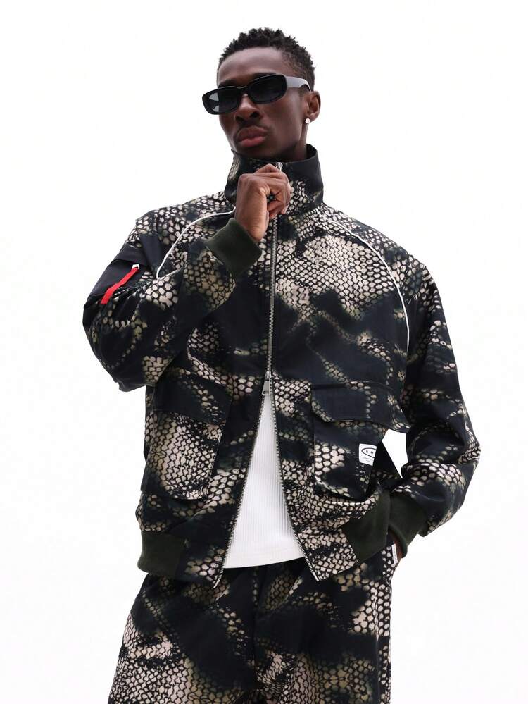 Snake Print Bomber Jacket With Reflective Details