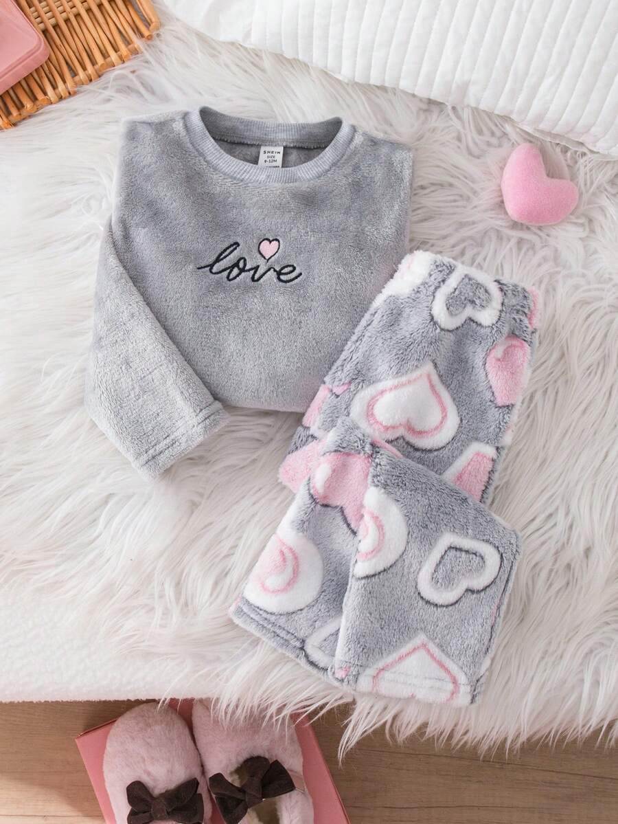 女婴休闲可爱灰色毛绒爱心图案长袖睡衣套装 - 灰色 - 查看 1