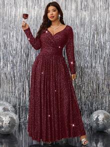 Ellevyn Đầm dự tiệc tay dài xẻ eo cỡ lớn cho nữ - Màu Đỏ Sâu - Xem 6