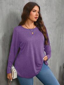 SHEIN Clasi Áo thun nữ tay dài cổ tròn màu trơn cỡ lớn thiết kế nút bên hông - Màu tím - Xem 6