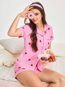 Bonmuse 条纹爱心图案短袖短裤女士睡衣套装 - 紅色 - 查看 8