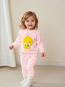 LOONEY TUNES X SHEIN 两件套女婴休闲日常通勤可爱卡通刺绣卫衣和条纹打底裤，适合春秋季穿着 - 粉色 - 查看 1