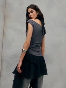 TypaGal Chic Grey And Black Layered Mini Dress With Rhinestone Bow Detail And Asymmetrical Draped Hem. A Standout Choice For Elegant Party Looks And Stylish Women's Outfits. - Black - View 2