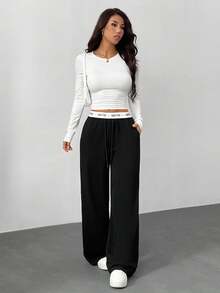 SHEIN SXY 女式字母针织腰带休闲运动裤，适合秋冬季 - 黑色 - 查看 6