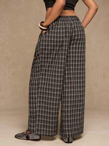 Freevana Karohose in Übergröße, modische Palazzo-Hose mit Falten und Taschen, locker geschnitten, gerades Bein, karierte Palazzo-Hose, Damen-Western-Gothic-Kleidung