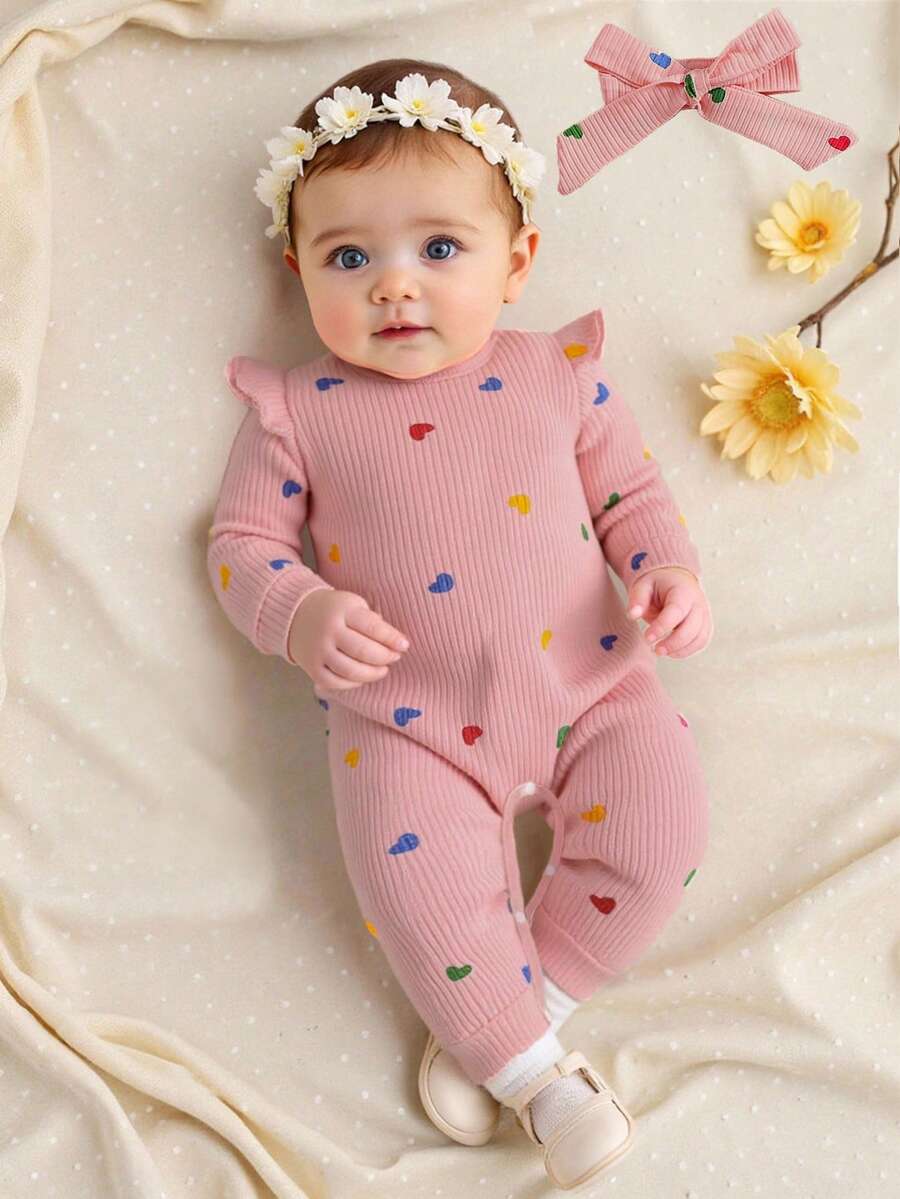 SHEIN Cute & Sweet Autumn Newborn Baby Heart Print Jumpsuit, Cozy Knit Long Sleeve Jumpsuit With Headband - Dusty Pink - View 1