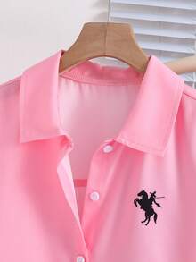 SHEIN 适合青少年女孩的宽松休闲学院风衬衫，百搭返校季单品 - 粉色 - 查看 4