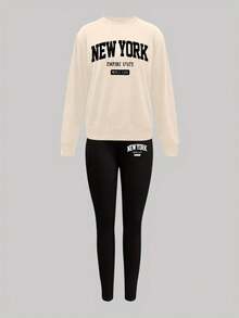 Mujer Conjunto Deportivo Urbano Suéter con Estampado "NEW YORK" Ajuste Relajado Cuello Redondo Manga Larga Primavera/Otoño Casual S - Beis - Ver 2