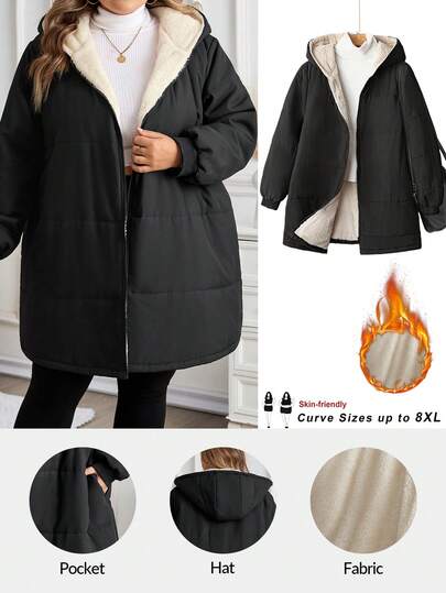 SHEIN CURVE+ 女士加大码带帽加厚长款外套，配腰带，秋冬款