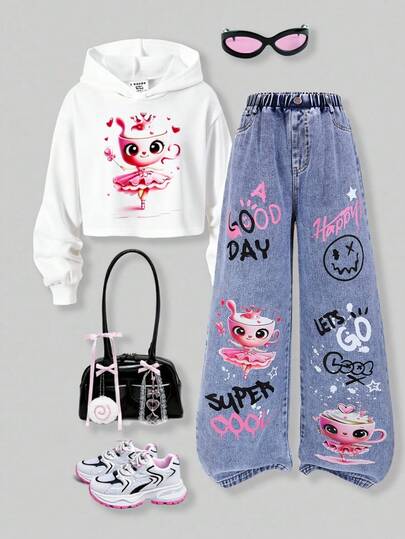 SHEIN Denimly Spring/Summer New Women's Teens Loose Fit Light Blue Denim Jeans, Wide Leg Relaxed Style, Soft Denim Fabric Like Cloud, Heart Embroidery Detail, Elastic Waist Design, Suitable For Campus, Street, Dates, Outdoor Activities, And Casual Occasions