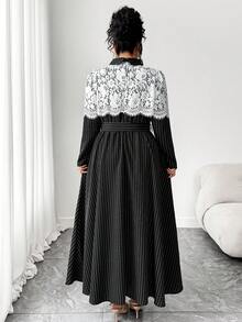 SHEIN Elenzya Plus Size Lace Patchwork Collared Striped Waist A-Line Dress, Autumn/Winter - Black - View 2