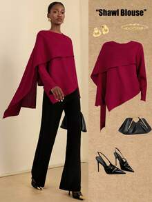 SHEIN Veneréa 1件女士纹理面料披肩领二合一优雅衬衫 - 酒紅色 - 查看 1