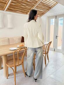 SHEIN Frenchy Women's French Casual Autumn Minimalist Solid Color Elegant Single-Breasted Buckle Puff Hem Lapel Collar Long Sleeve Blazer Blazer, Suitable For Commuting Cream Women Women Elegant,Fall Winter Women 2025 New! Oversized Loose Fit With Cinched Waist, Ideal For Work Office Business Casual, Teacher Style, Old Money Aesthetic, Suitable For Daily Wear & Outings,Autumn And Winter New Arrivals.All-Season,Women's Winter, New Year - Apricot - View 5